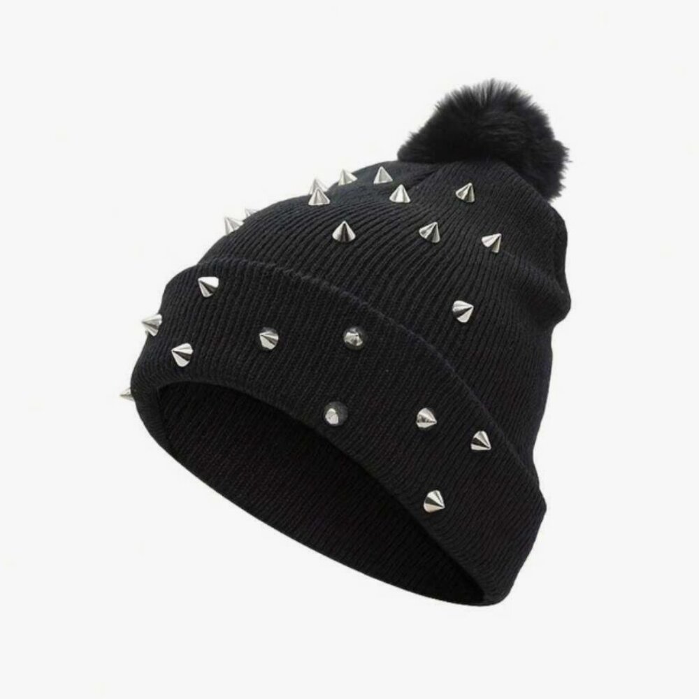 Rivets Black Beanie with Black Pom NWT
